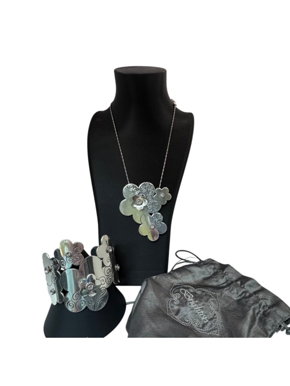 Brighton Florenza Necklace Braclet Cuff Set Silver Floral Jewelry Set With Pouch